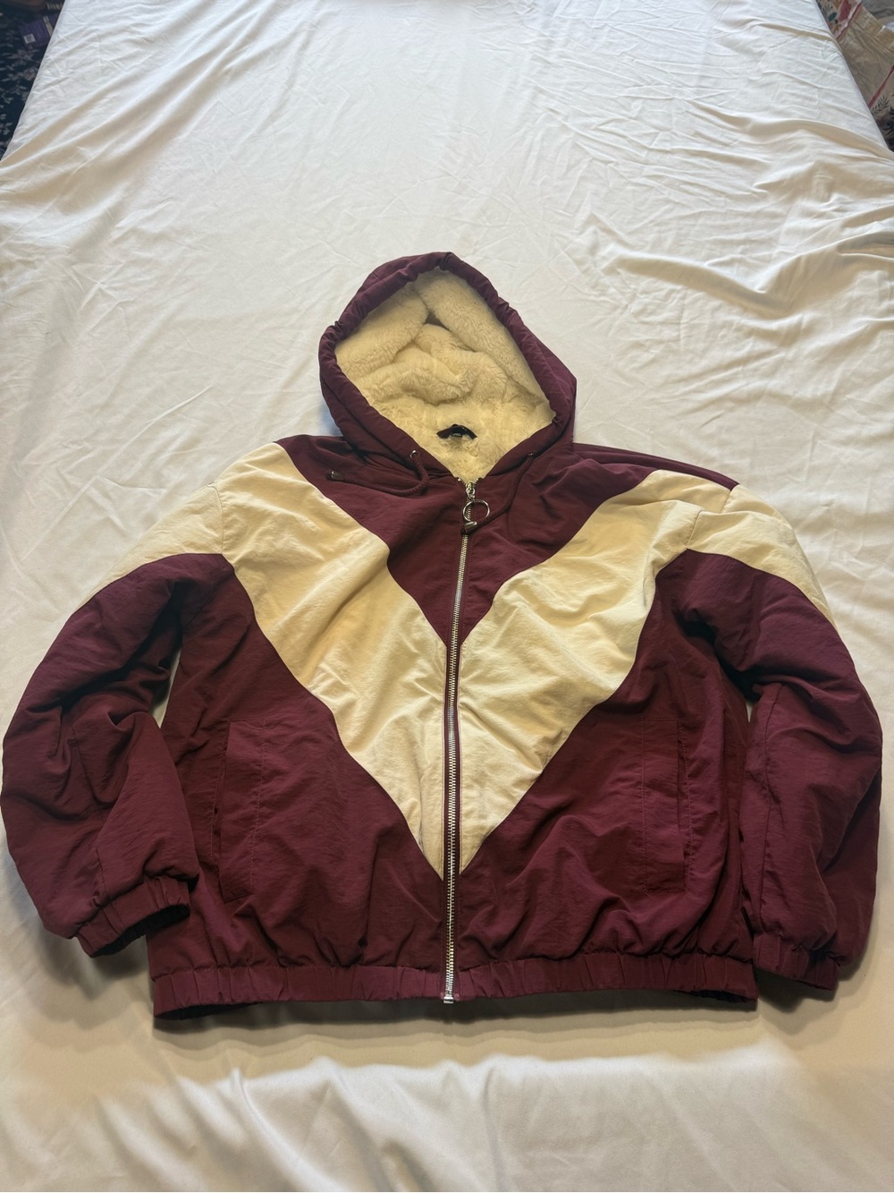 Topshop Burgundy and Cream Hooded Puffer Jacket